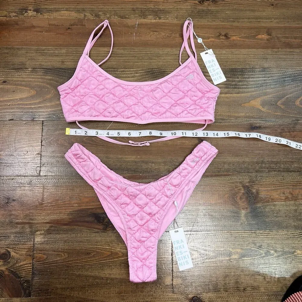 NWT Frankie’s Bikinis Waco Puff Top & Katarina Bottom Large Baby Pink Bikini